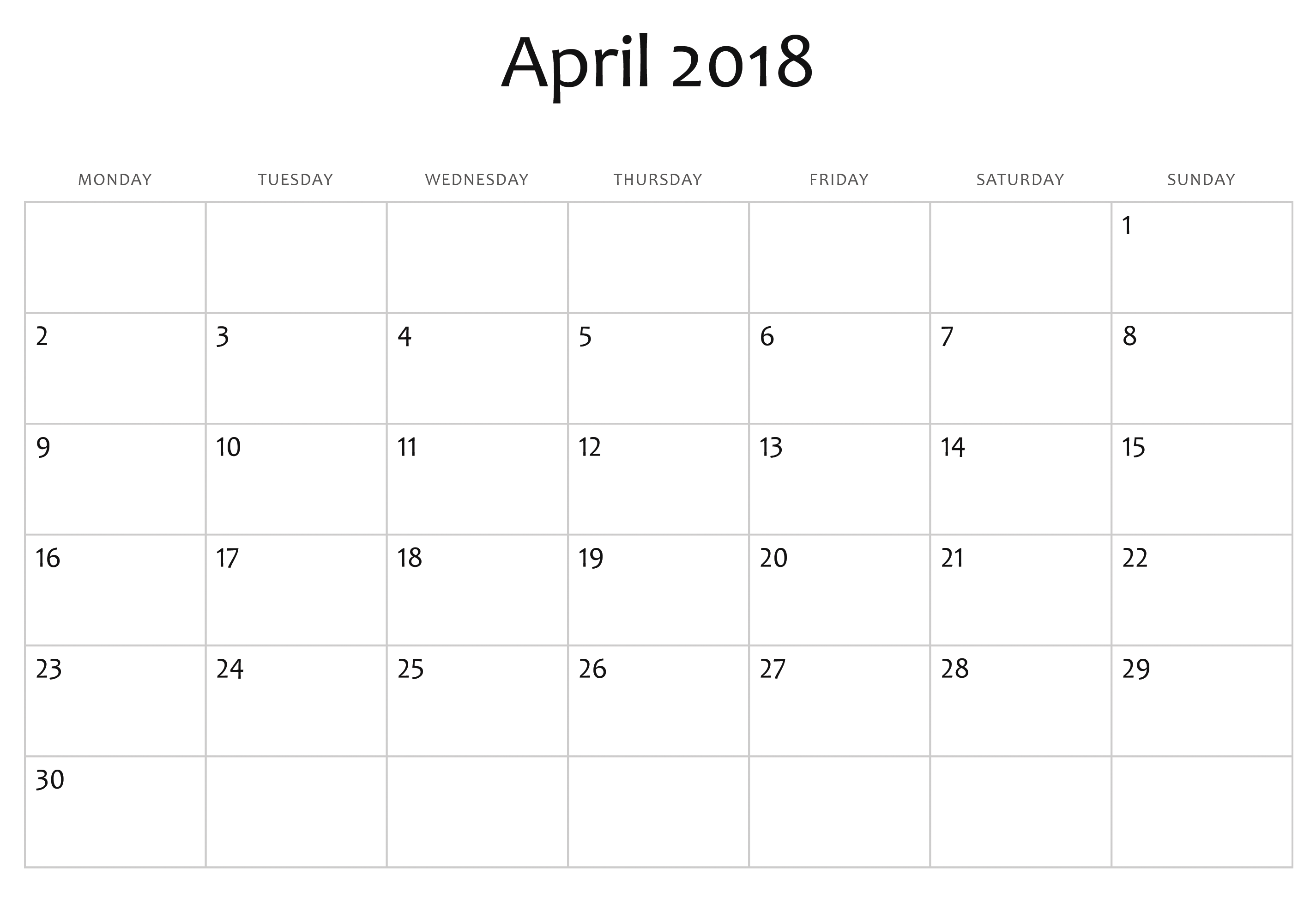 Calendar April 2018, landscap