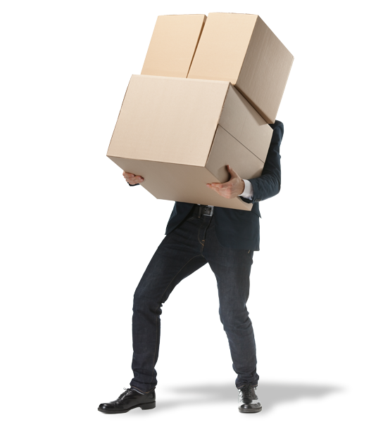 cartoon man carrying a box, C