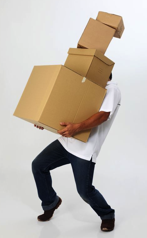 cartoon man carrying a box, C