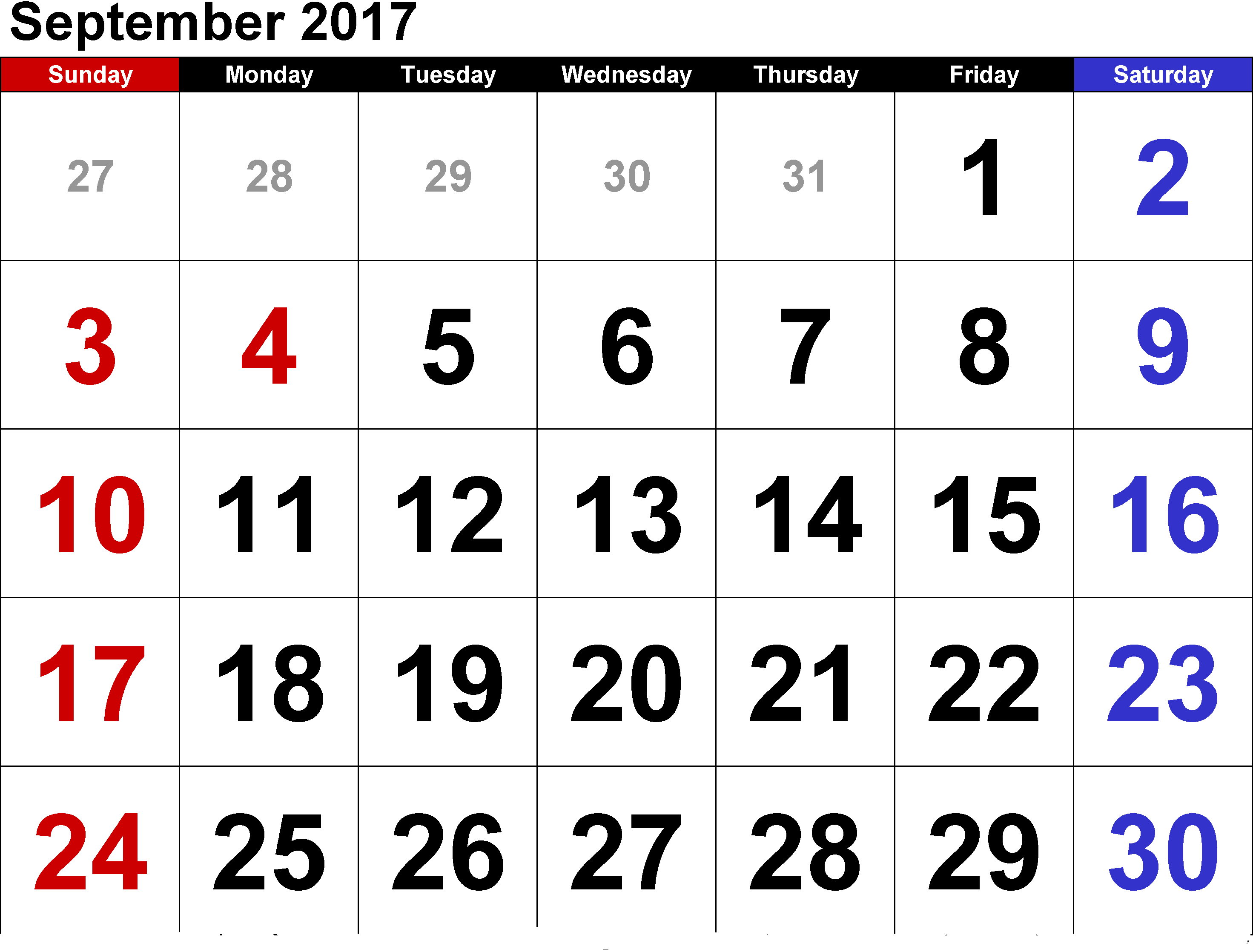 Blank September 2017 calendar